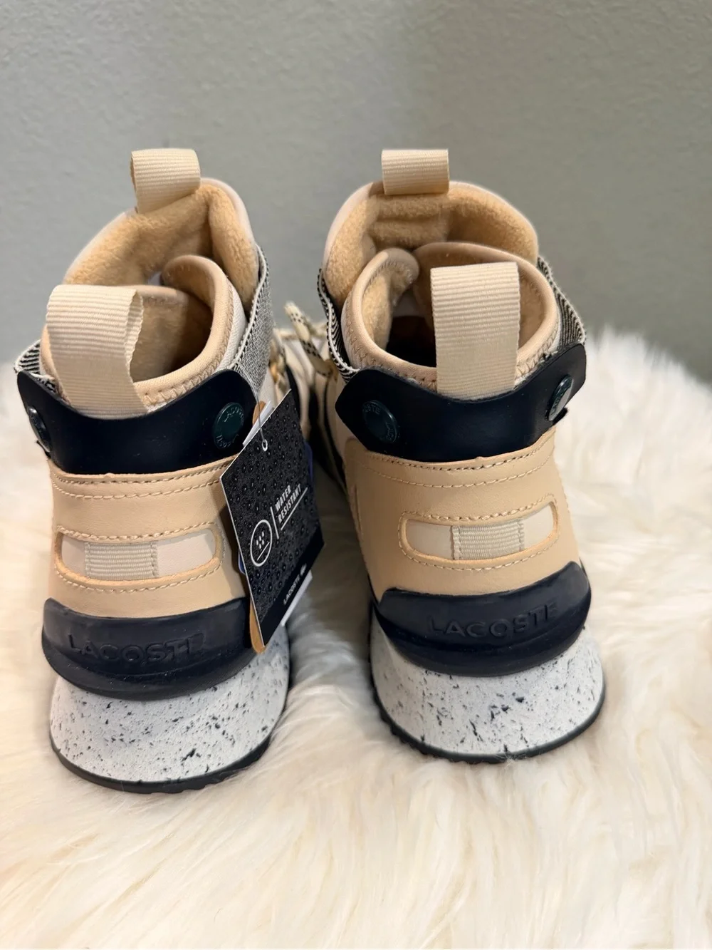 Lacoste Mens Run Breaker Mid cut Beige, Black and Cream Lace-Up Sneakers
